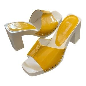 Anne Klein ALINE Cricket Yellow Patent Leather 4”Heeled Mules Made in Brazil 9